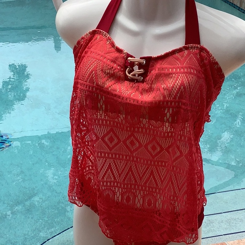 Tankini crocheted look orange color size Med solid straps behind neck